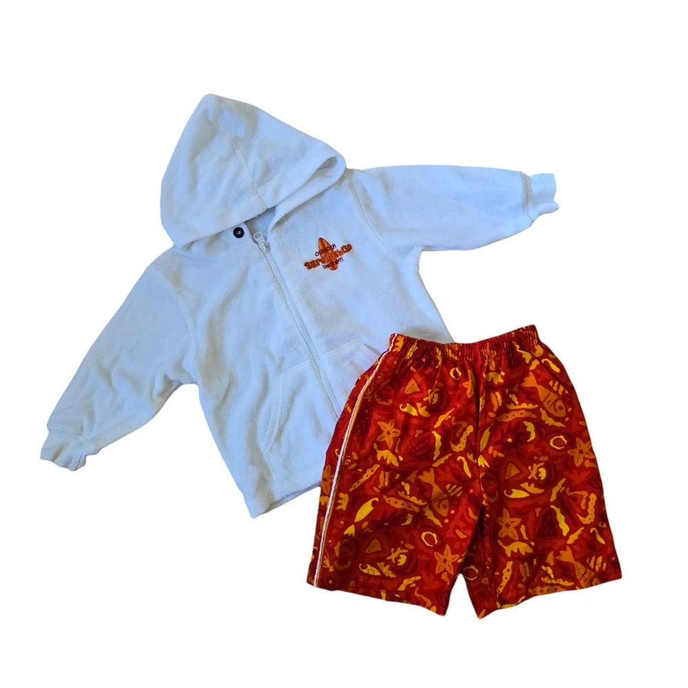 Vintage Y2K OshKosh B'Gosh set - funky orange swim shorts and white towel Hoodie